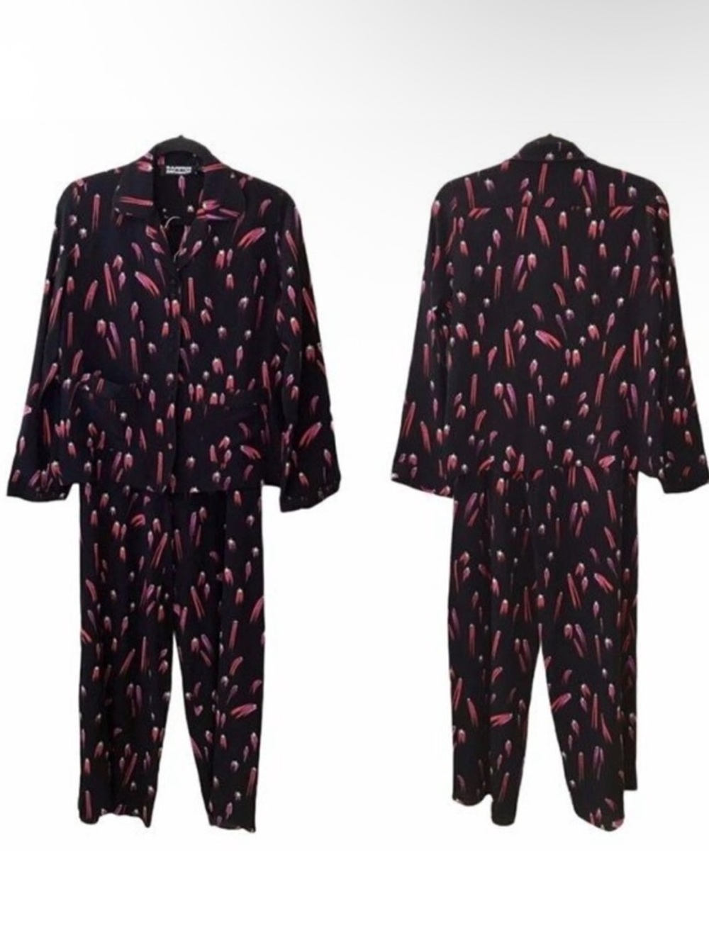 Rockins Luxe Loungewear Black Red Pink 100% Silk Shooting Star Pajama Suit Small